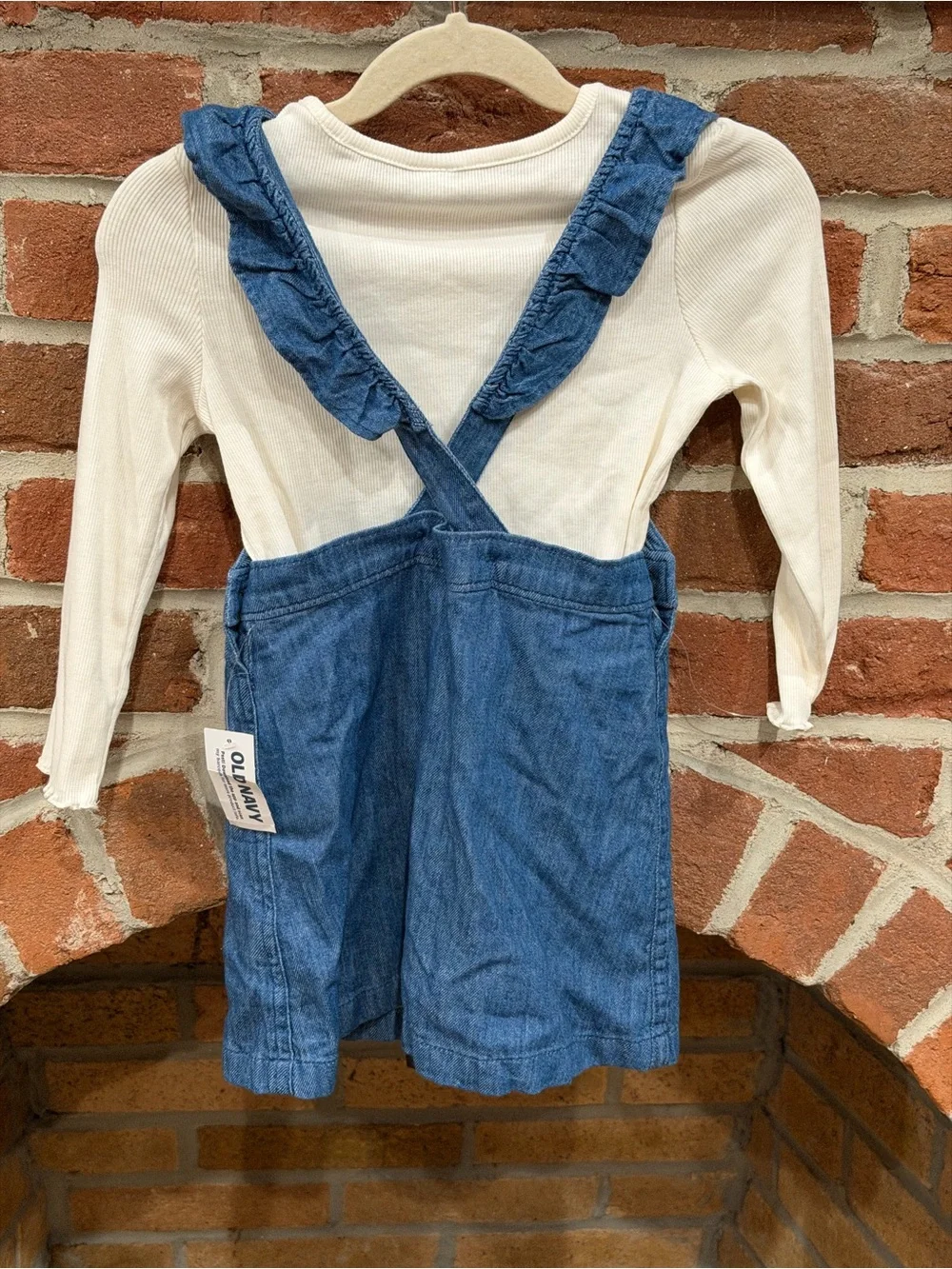 Old Navy Cream Top with Blue Denim Ruffle Overalls Set